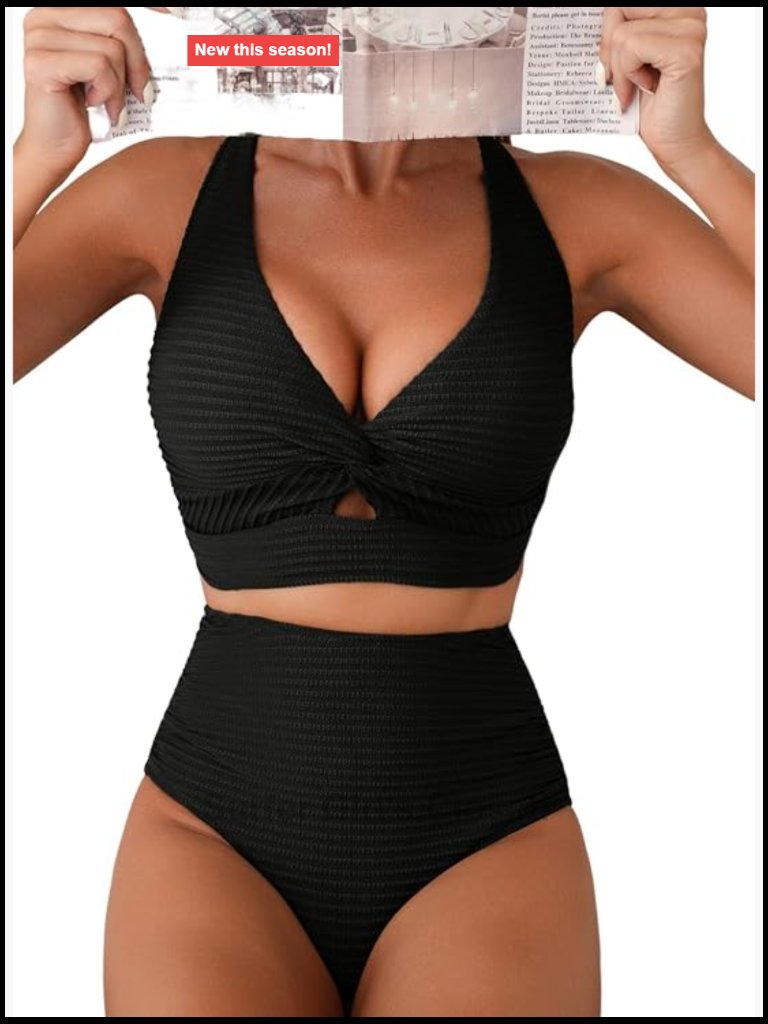 High Waisted Bikini Set Twist Front Top Textured Swimsuits 2 Piece Bathing Suit